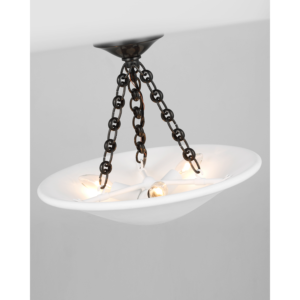 Featuring Mollino 16" Semi Flush Mount Hand-Rubbed Antique Brass by Visual Comfort at Amethyst Home. The Mollino by AERIN offers a contemporary take on old-world elegance. Suspended from a jewelry-like chain, the lightweight shallow bowl shapes in a plaster finish recall 1930s French sculpture yet deliver modern sophistication. The emanating warm glow will add subtle luxury to entryw. Amethyst Home provides interior design, new construction, custom furniture, and area rugs in the Austin metro area