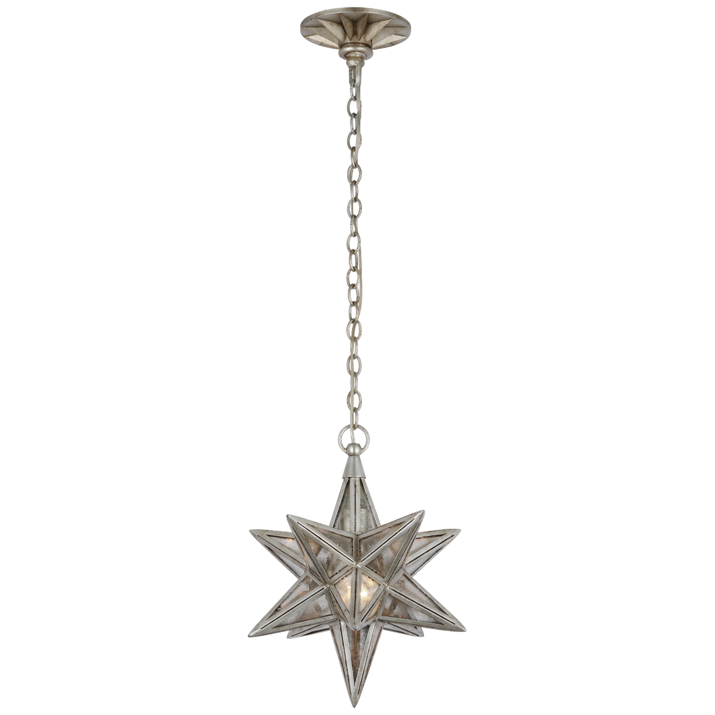 Featuring Moravian Small Star Lantern Burnished Silver Leaf by Visual Comfort at Amethyst Home. The Chapman & Myers Moravian Star reinterprets the classic multi-pointed star in antiqued mirror glass and metal, available in multiple finishes. Styled as a single lantern or combined to create a starry statement piece, the geometric lighting will lend a jewelry-like accent to modern inter. Amethyst Home provides interior design, new construction, custom furniture, and area rugs in the Omaha metro area