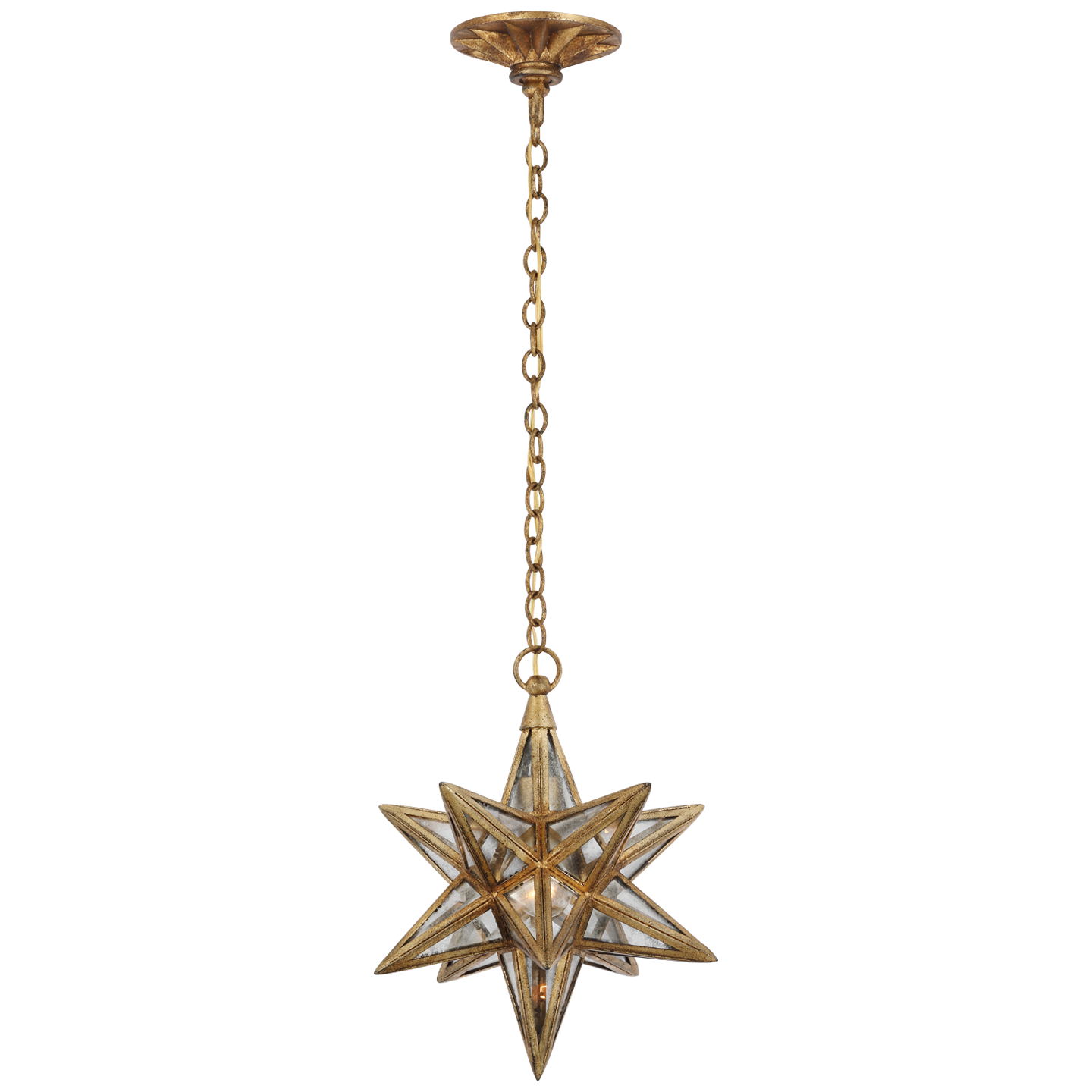 Featuring Moravian Small Star Lantern Gilded Iron by Visual Comfort at Amethyst Home. The Chapman & Myers Moravian Star reinterprets the classic multi-pointed star in antiqued mirror glass and metal, available in multiple finishes. Styled as a single lantern or combined to create a starry statement piece, the geometric lighting will lend a jewelry-like accent to modern interi. Amethyst Home provides interior design, new construction, custom furniture, and area rugs in the Salt Lake City metro area