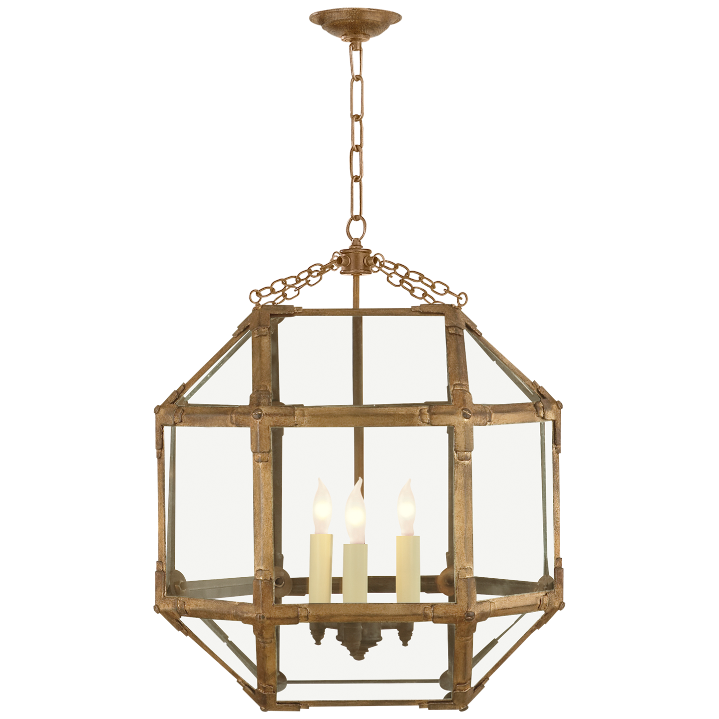 Featuring Morris Medium Lantern Gilded Iron by Visual Comfort at Amethyst Home. The Morris by Suzanne Kasler adds refined charm to any style of kitchen or entryway. Clear or white glass panes adorn the geometric frame in antique zinc, polished nickel or gilded iron, allowing for brighter or more diffused illumination.
Overall Dimensions: 18.5" L x 18.5" W x 26" HWeight: 23 lbs.. Amethyst Home provides interior design, new construction, custom furniture, and area rugs in the Austin metro area