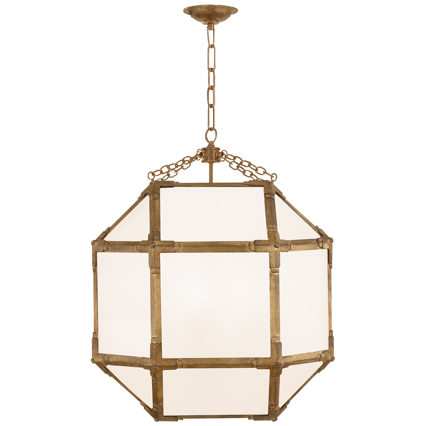 Featuring Morris Medium Lantern Gilded Iron by Visual Comfort at Amethyst Home. The Morris by Suzanne Kasler adds refined charm to any style of kitchen or entryway. Clear or white glass panes adorn the geometric frame in antique zinc, polished nickel or gilded iron, allowing for brighter or more diffused illumination.
Overall Dimensions: 18.5" L x 18.5" W x 26" HWeight: 23 lbs.. Amethyst Home provides interior design, new construction, custom furniture, and area rugs in the Seattle metro area