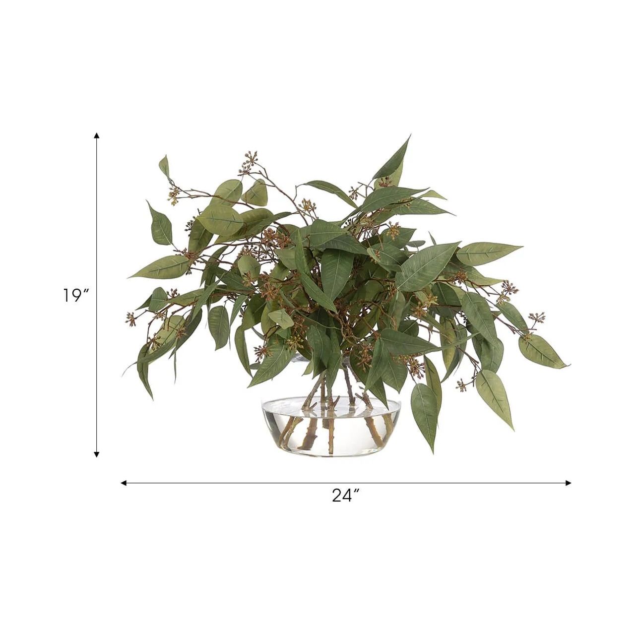 Create a luxurious atmosphere with this green Eucalyptus, housed in a glass vase. Reaching 19", it's a graceful addition that enhances small nooks, shelves, or bathroom vanities, adding a refined touch. Experience the charm of this arrangement, maintenance-free and ideal for those who love fresh, vibrant decor Amethyst Home provides interior design, new home construction design consulting, vintage area rugs, and lighting in the Los Angeles metro area.