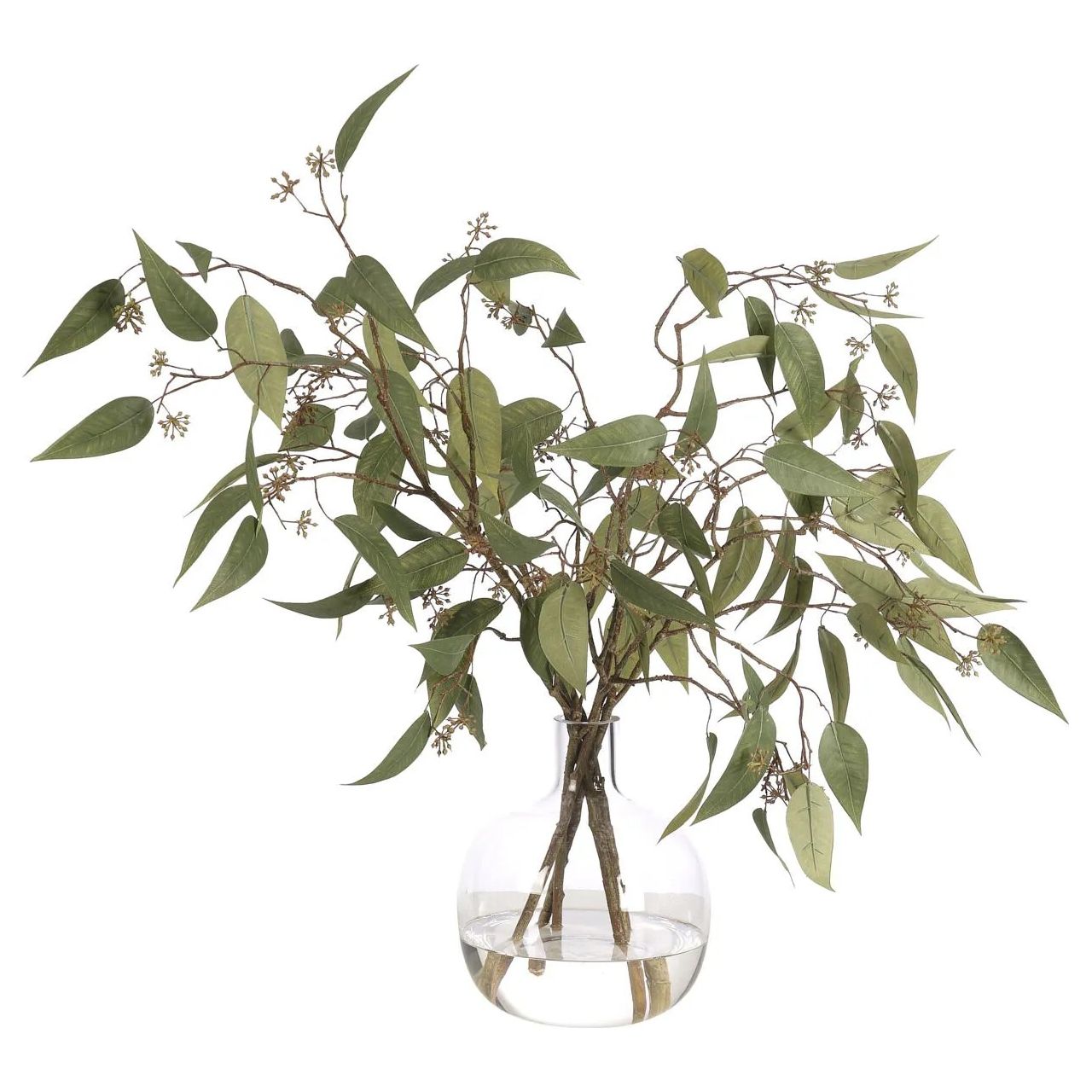Embrace nature's charm with the green Eucalyptus, thoughtfully displayed in a glass jug. At 23", this piece captures the natural beauty of each petal, making it ideal for brightening up office desks or kitchen countertops. This piece brings everlasting elegance, staying vibrant for any occasion without the hassle of care Amethyst Home provides interior design, new home construction design consulting, vintage area rugs, and lighting in the Kansas City metro area.