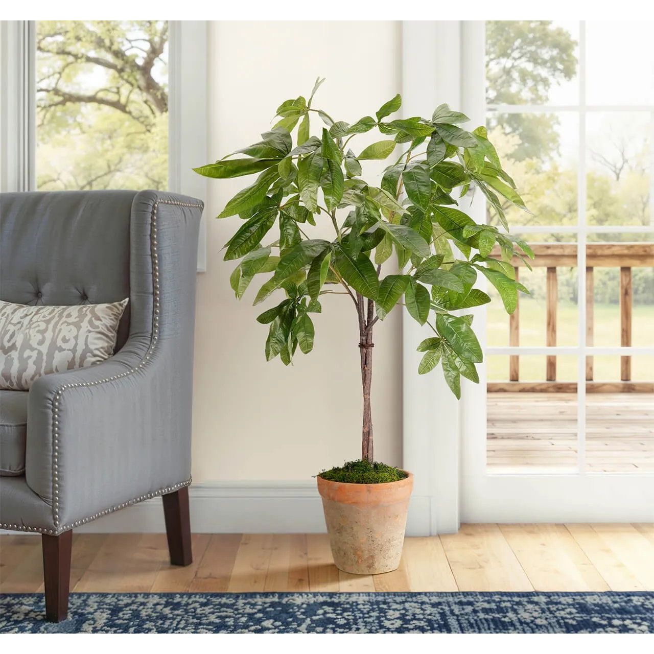 Create a luxurious atmosphere with this green Money Tree, housed in a terracotta pot. Standing at 48", this lifelike faux design adds sophistication, perfect for a dining table centerpiece or console display. A stunning addition to any setting, it remains fresh and beautiful, with zero effort required Amethyst Home provides interior design, new home construction design consulting, vintage area rugs, and lighting in the Des Moines metro area.