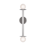 Featuring Nodes Double Sconce Polished Nickel by Visual Comfort at Amethyst Home. Nodes task, ceiling and wall lighting is minimal yet bold, highlighting Kelly's distinctive juxtaposition of mixed-materiality and curvilinear form. Light radiates from milk glass globes set against metal discs. All fixtures can be used or without the discs. The cast canopy is available in Burnished . Amethyst Home provides interior design, new construction, custom furniture, and area rugs in the Charlotte metro area
