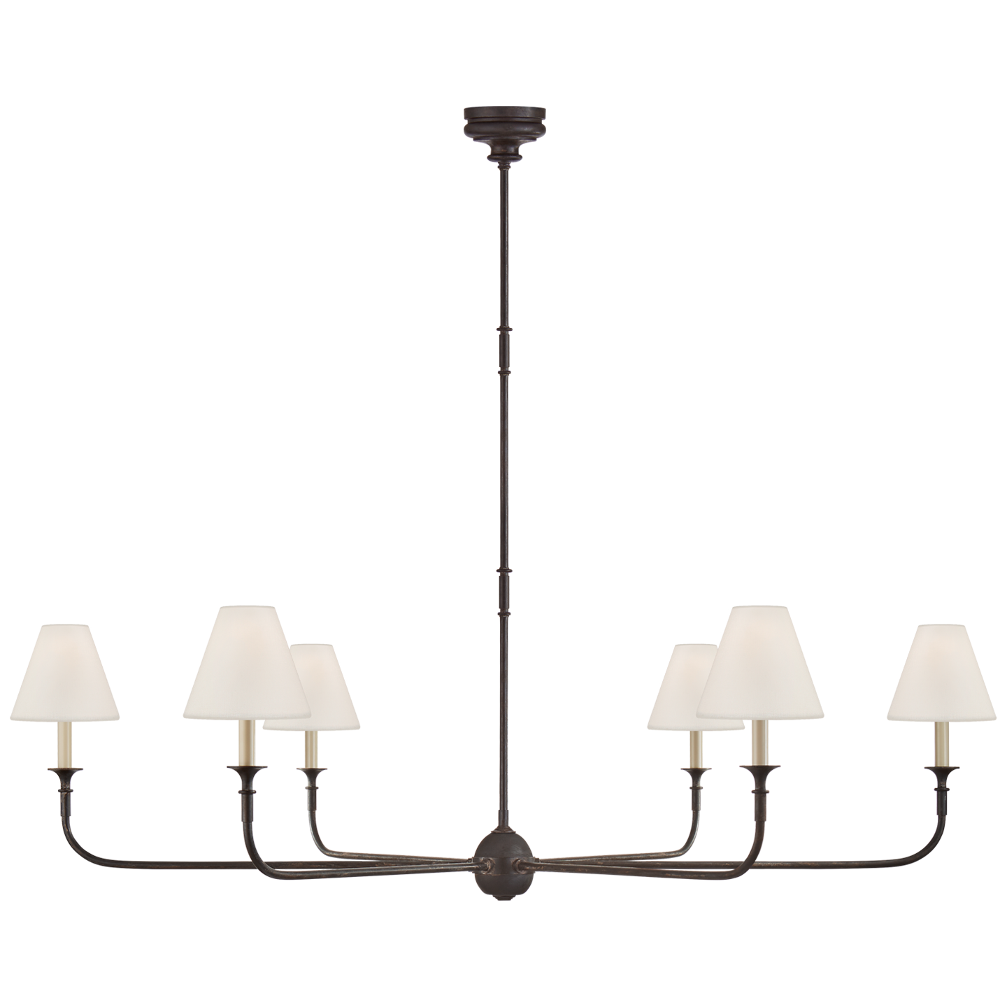 Featuring Piaf Grande Chandelier Aged Iron and Ebonized Oak by Visual Comfort at Amethyst Home. With the Piaf, Thomas O'Brien explores clean shapes with an airy feel. Natural steel bars intersect with wooden and metal hubs accented by simple candles and white conical shades. The juxtaposition of classic, casual forms with modern details will lend itself effortlessly to a diverse r. Amethyst Home provides interior design, new construction, custom furniture, and area rugs in the Calabasas metro area