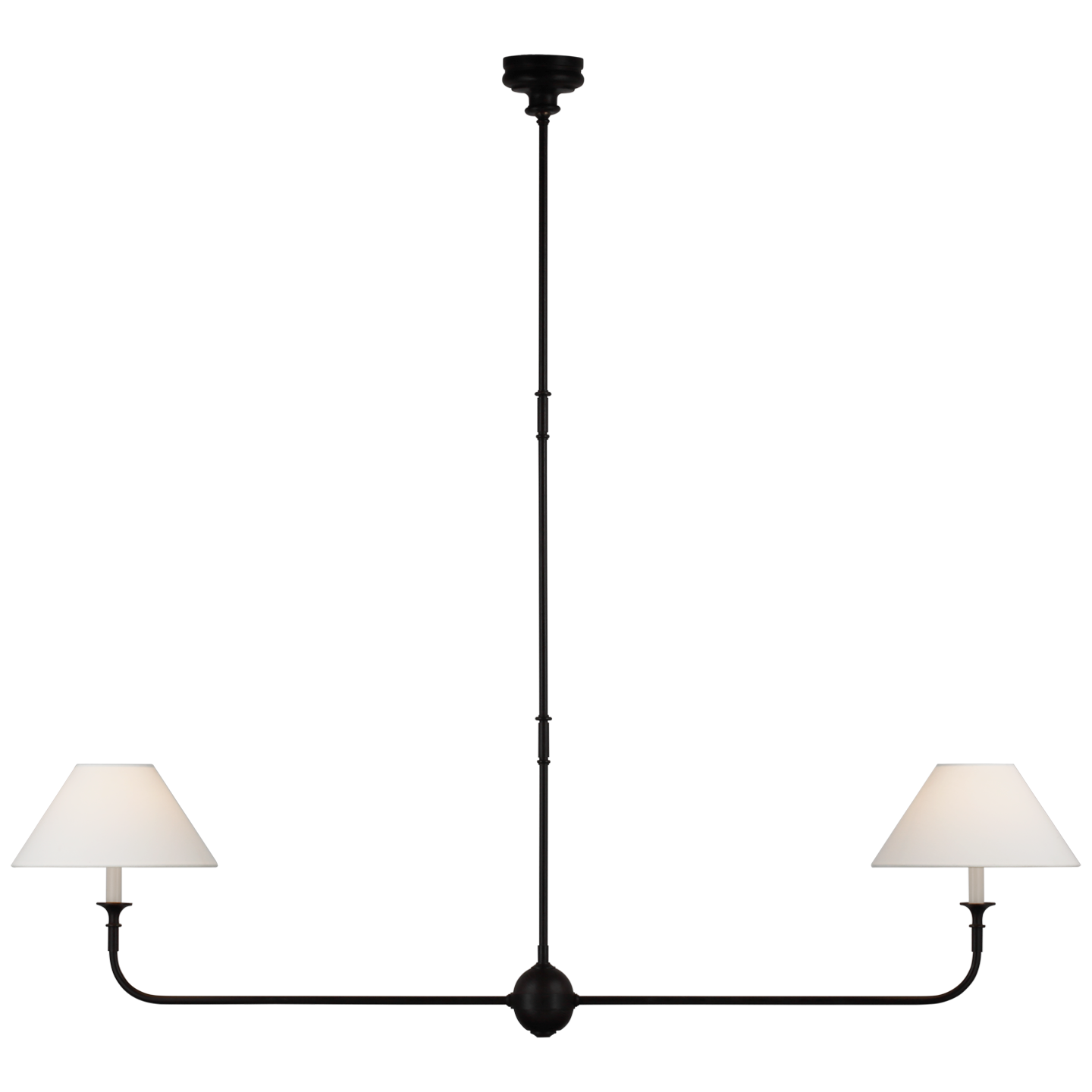 Featuring Piaf Large Two Light Linear Pendant Aged Iron and Ebonized Oak by Visual Comfort at Amethyst Home. With the Piaf, Thomas O'Brien explores clean shapes with an airy feel. Natural steel bars intersect with wooden and metal hubs accented by simple candles and white conical shades. The juxtaposition of classic, casual forms with modern details will lend itself effortlessly to . Amethyst Home provides interior design, new construction, custom furniture, and area rugs in the Houston metro area