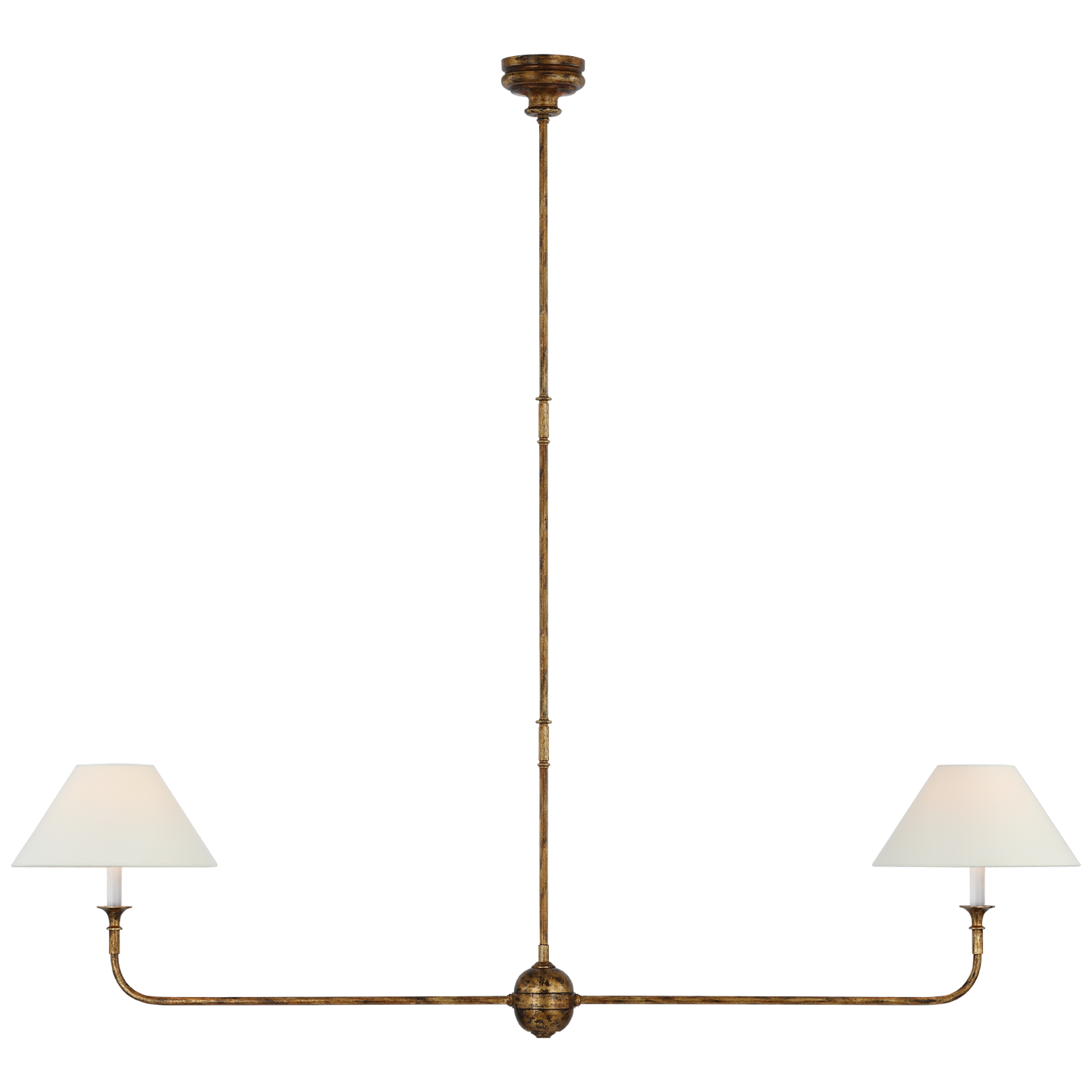 Featuring Piaf Large Two Light Linear Pendant Antique Gild by Visual Comfort at Amethyst Home. With the Piaf, Thomas O'Brien explores clean shapes with an airy feel. Natural steel bars intersect with wooden and metal hubs accented by simple candles and white conical shades. The juxtaposition of classic, casual forms with modern details will lend itself effortlessly to a diverse range. Amethyst Home provides interior design, new construction, custom furniture, and area rugs in the Dallas metro area