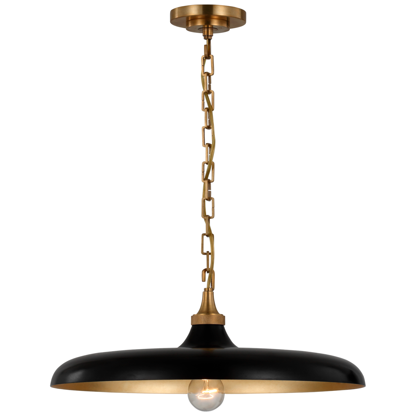 Featuring Piatto Medium Pendant Hand-Rubbed Antique Brass by Visual Comfort at Amethyst Home. Thomas O'Brien's Piatto series showcases a new and fresh take on dramatic elegance. At once chic and casual, the distinctive low shades feature rustic gilding on the inside to reflect light in a modern way. The lights will add a distinctive yet graceful statement to kitchens, dining rooms. Amethyst Home provides interior design, new construction, custom furniture, and area rugs in the Calabasas metro area