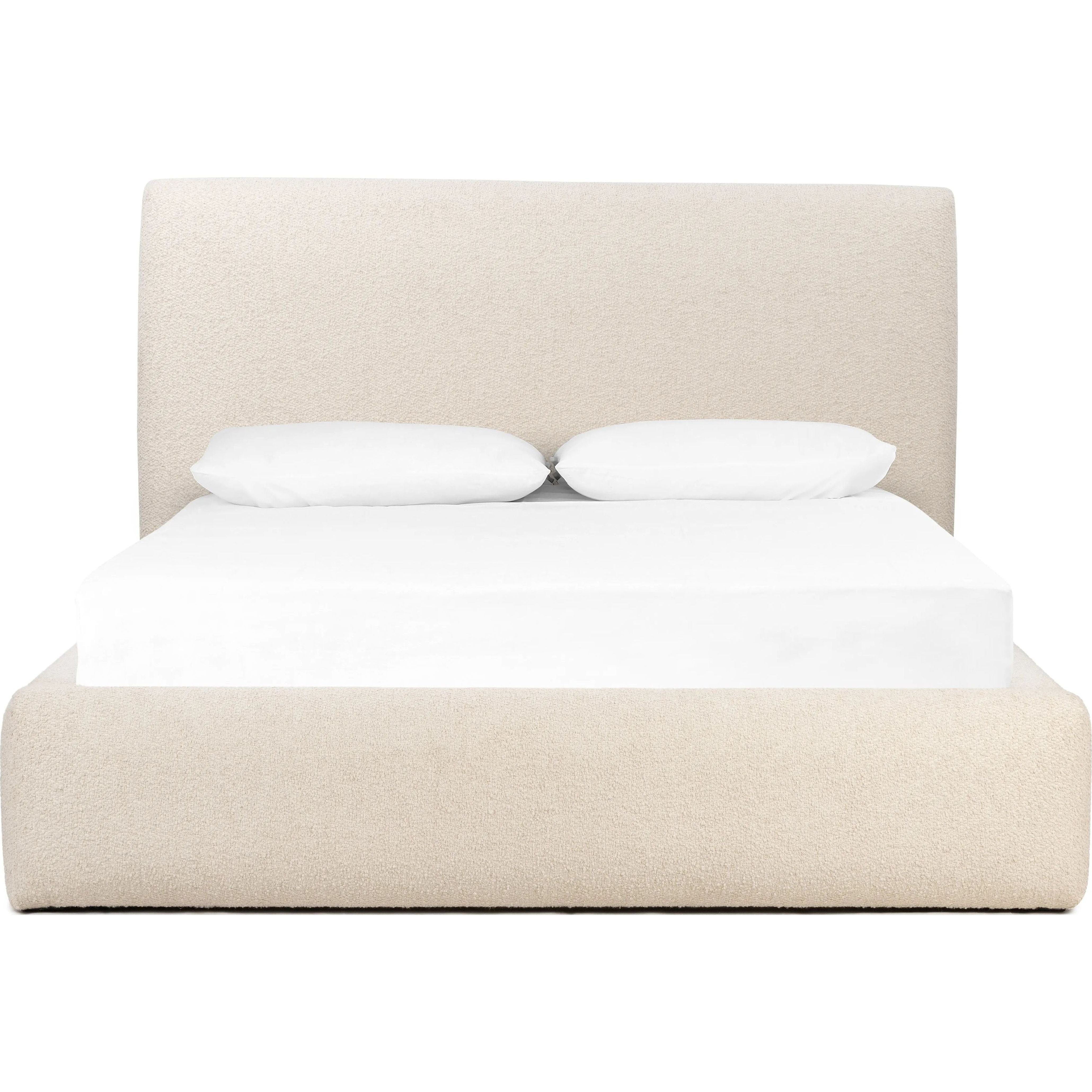 Featuring Quincy Lisbon Cream-King Bed by Four Hands at Amethyst Home. Modern, clean shaping meets inflated comfort with this padded, upholstered bed frame in a textural boucle-like pattern.  Text (251) 257-7986 for quick product details.Overall Dimensions: 92.25"W x 89.25"L x 48"H
Collection: EastonColors: Lisbon Cream ,BlackMaterials: 81% Pl, 19% Pc ,Solid P. Amethyst Home provides interior design, new home construction design consulting, vintage area rugs, and lighting in the Dallas metro area.