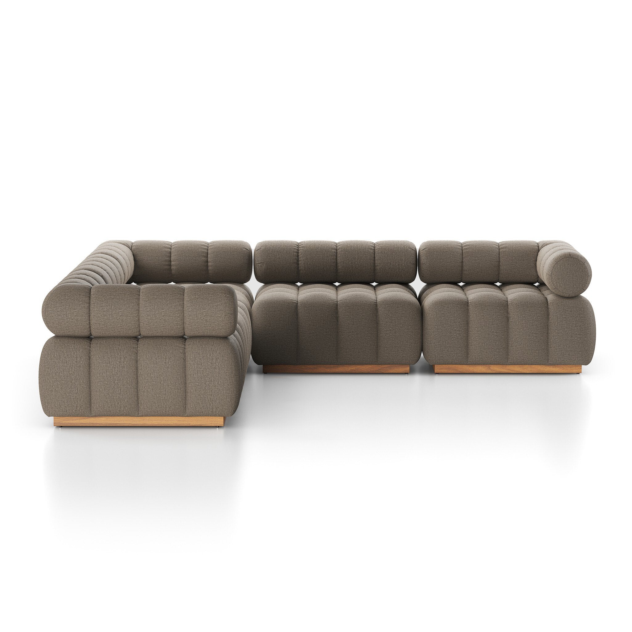 A modern take on mid-century Italian design, soft volume and exaggerated proportions fuse for a sculpted look and playful feel. Atop a plinth-style teak base, outdoor-friendly five-piece sectional features dramatic tufting for a padded sit, indoors and out. Amethyst Home provides interior design, new construction, custom furniture, and area rugs in the Boston metro area