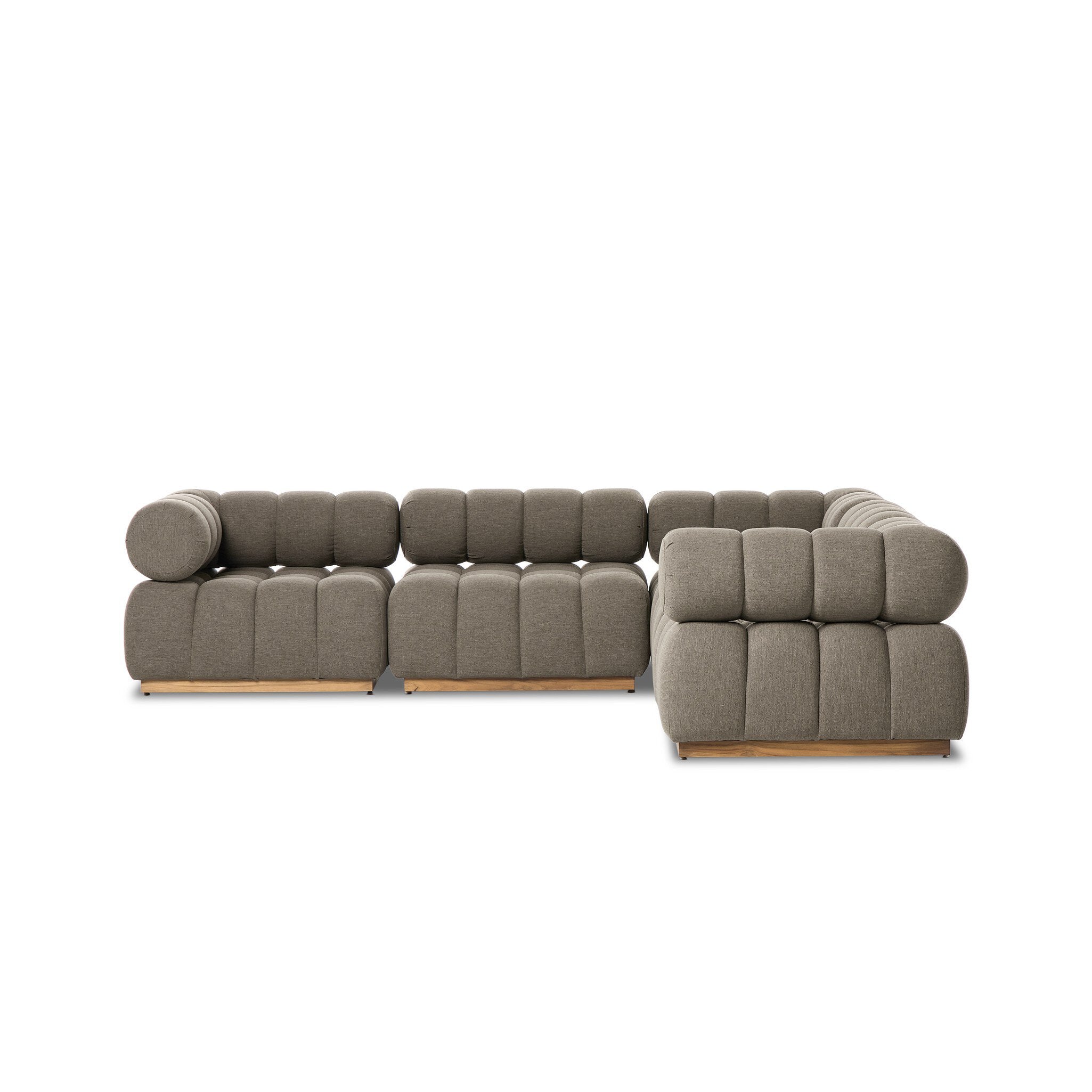 A modern take on mid-century Italian design, soft volume and exaggerated proportions fuse for a sculpted look and playful feel. Atop a plinth-style teak base, outdoor-friendly five-piece sectional features dramatic tufting for a padded sit, indoors and out. Amethyst Home provides interior design, new construction, custom furniture, and area rugs in the Scottsdale metro area