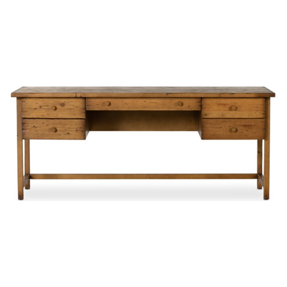 It's a material thing. Made entirely from solid pine, a specialized waxed finish gives this roomy five-drawer desk a purposefully antiqued look. Amethyst Home provides interior design, new home construction design consulting, vintage area rugs, and lighting in the Calabasas metro area.