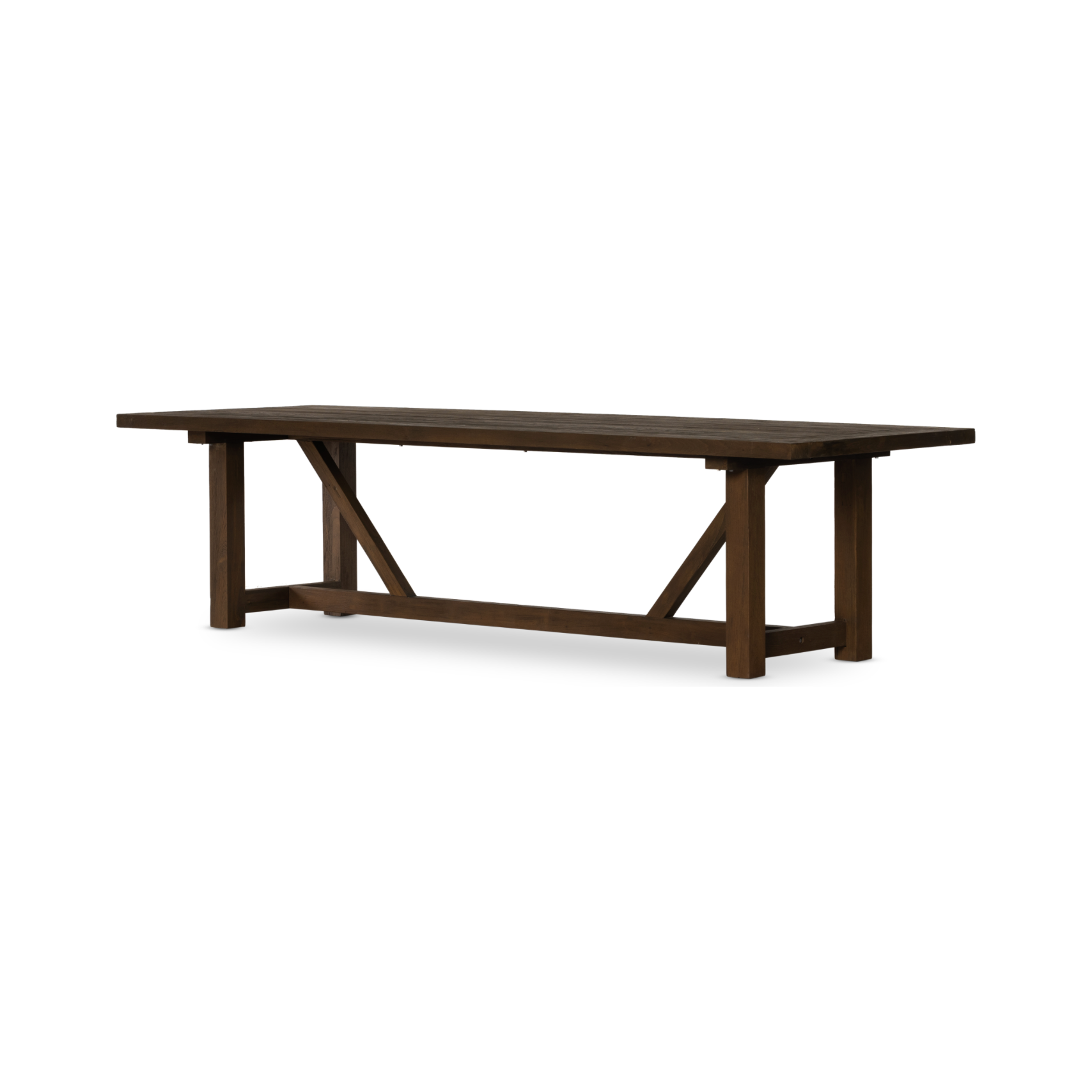 Clean lines, sustainable style. Made from FSC®-certified reclaimed teak, this trestle-style table features natural knots, graining and patching, reflective of the material's sourcing. Seats 12 comfortably. Cover or store indoors during inclement weather and when not in use. Amethyst Home provides interior design, new home construction design consulting, vintage area rugs, and lighting in the Newport Beach metro area.