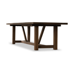 Clean lines, sustainable style. Made from FSC®-certified reclaimed teak, this trestle-style table features natural knots, graining and patching, reflective of the material's sourcing. Seats 12 comfortably. Cover or store indoors during inclement weather and when not in use. Amethyst Home provides interior design, new home construction design consulting, vintage area rugs, and lighting in the Salt Lake City metro area.