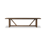 Clean lines, sustainable style. Made from FSC®-certified reclaimed teak, this trestle-style table features natural knots, graining and patching, reflective of the material's sourcing. Seats 12 comfortably. Cover or store indoors during inclement weather and when not in use. Amethyst Home provides interior design, new home construction design consulting, vintage area rugs, and lighting in the Omaha metro area.