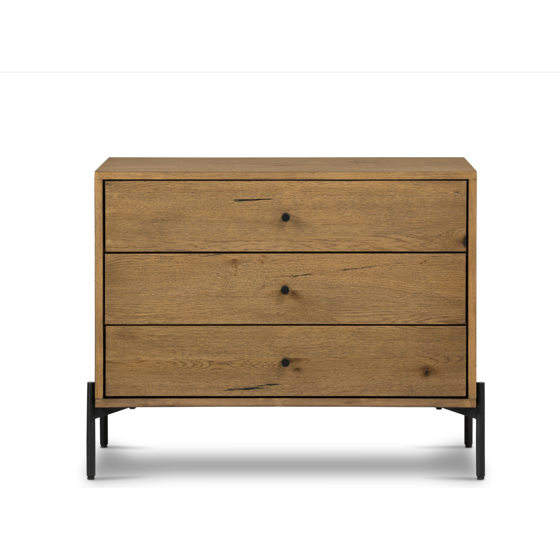 Clean and streamlined. Amber-finished oak features three large drawers plus gunmetal-finished hardware, for a look that's always in style. Dark resin plays up woods' natural graining.