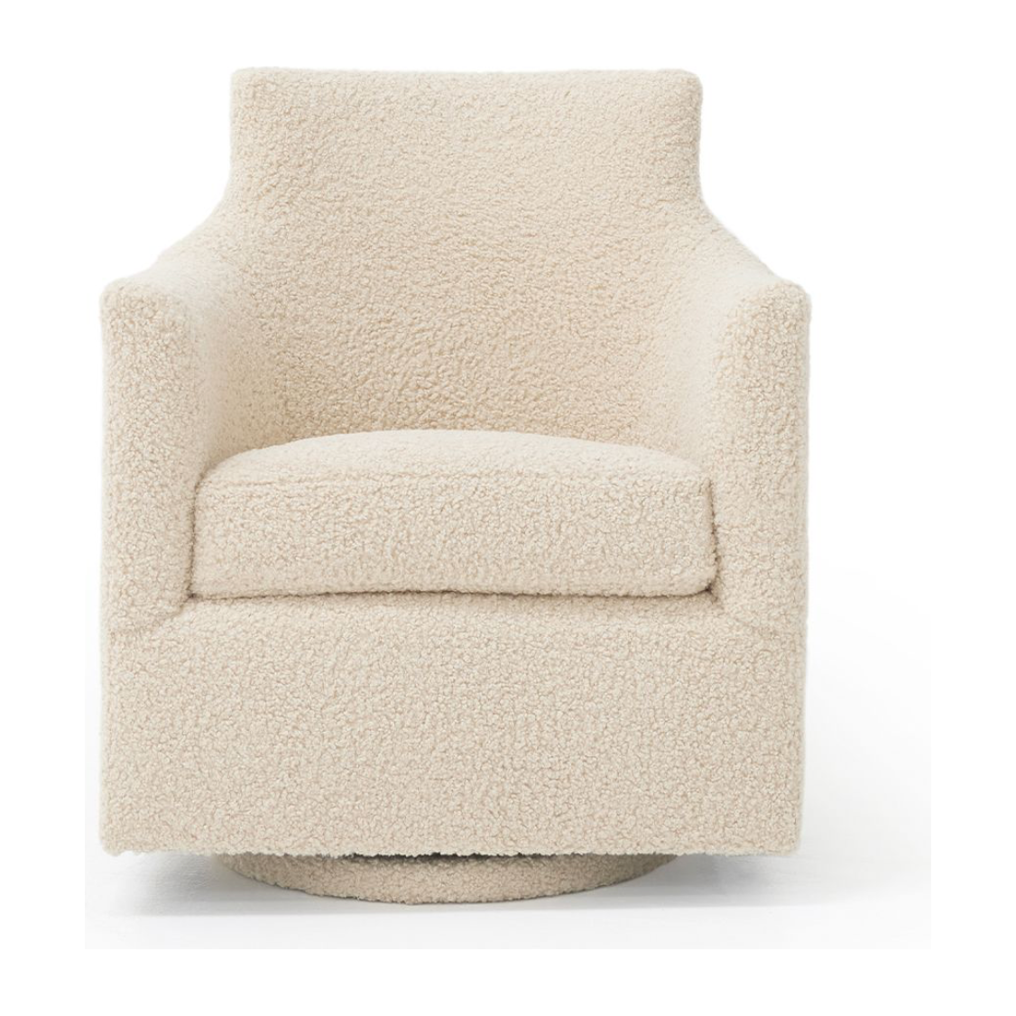 The dreamiest seat -- fully upholstered in a linen toned boucle (even the base!).  Swivel and glide in Verellen style. Amethyst Home provides interior design, new home construction design consulting, vintage area rugs, and lighting in the Omaha metro area.