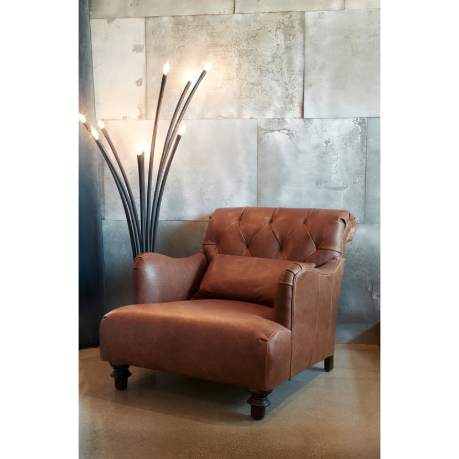 The Acacia Chair by Cisco Home is love at first sight & sit! An effortlessly cool, relaxed seat with conversational recline. Upholstered in a beautiful, natural leather that smells like leather!  Wears beautifully. Amethyst Home provides interior design, new home construction design consulting, vintage area rugs, and lighting in the Washington metro area.