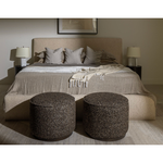 Modern, clean shaping meets inflated comfort with this padded, upholstered bed frame in a textural boucle-like pattern.  Text(251) 257-7986 for quick product details.Overall Dimensions: 92.25"W x 89.25"L x 48"H Amethyst Home provides interior design, new home construction design consulting, vintage area rugs, and lighting in the Scottsdale metro area.