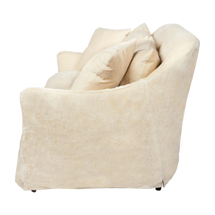 The Hazel Sofa effortlessly combines style and serenity in this unusual distressed, ivory velvet slipcover. This sofa is guaranteed to make your living room look comfortable and cozy. Ideal spot to catch a breath during your weekday rush, or to enjoy a movie marathon during your weekend lounging. Amethyst Home provides interior design, new home construction design consulting, vintage area rugs, and lighting in the Des Moines metro area.