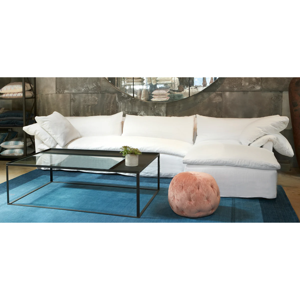 Wind down from a long day in this comfortable, easy-care slipcovered Donato White Slipcovered Linen Sectional with Chaise. This casual, chic sectional will bring the whole family together for years to come. Amethyst Home provides interior design, new home construction design consulting, vintage area rugs, and lighting in the Kansas City metro area.