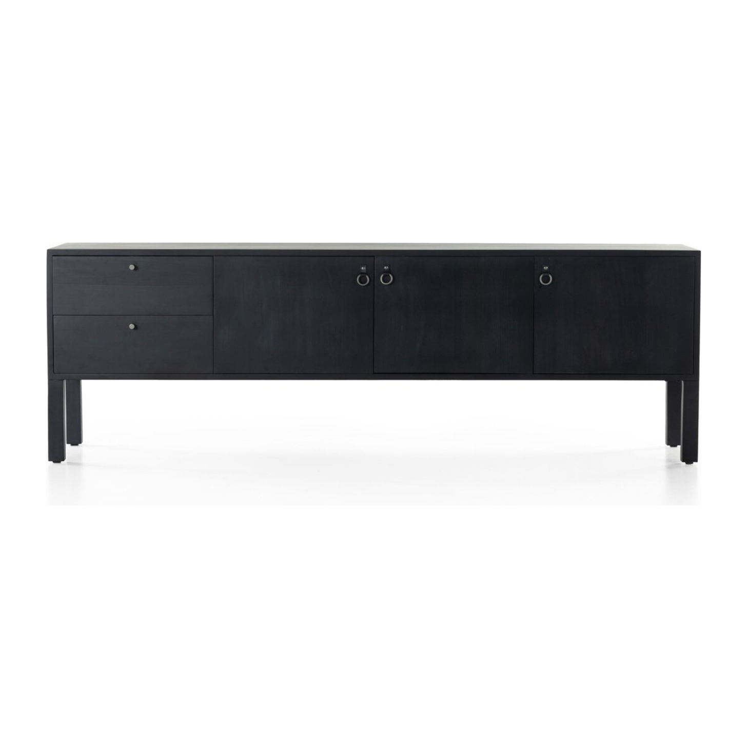 Beautifully simple in spirit. Black-washed dry poplar forms a clean-lined media console with faux dovetail joinery plus iron and leather hardware, for a material-driven update to Shaker-inspired styling. Rear cutouts for cord management.Overall Dimensions: 80"W x 19"L x 26"H Amethyst Home provides interior design, new home construction design consulting, vintage area rugs, and lighting in the Laguna Beach metro area.