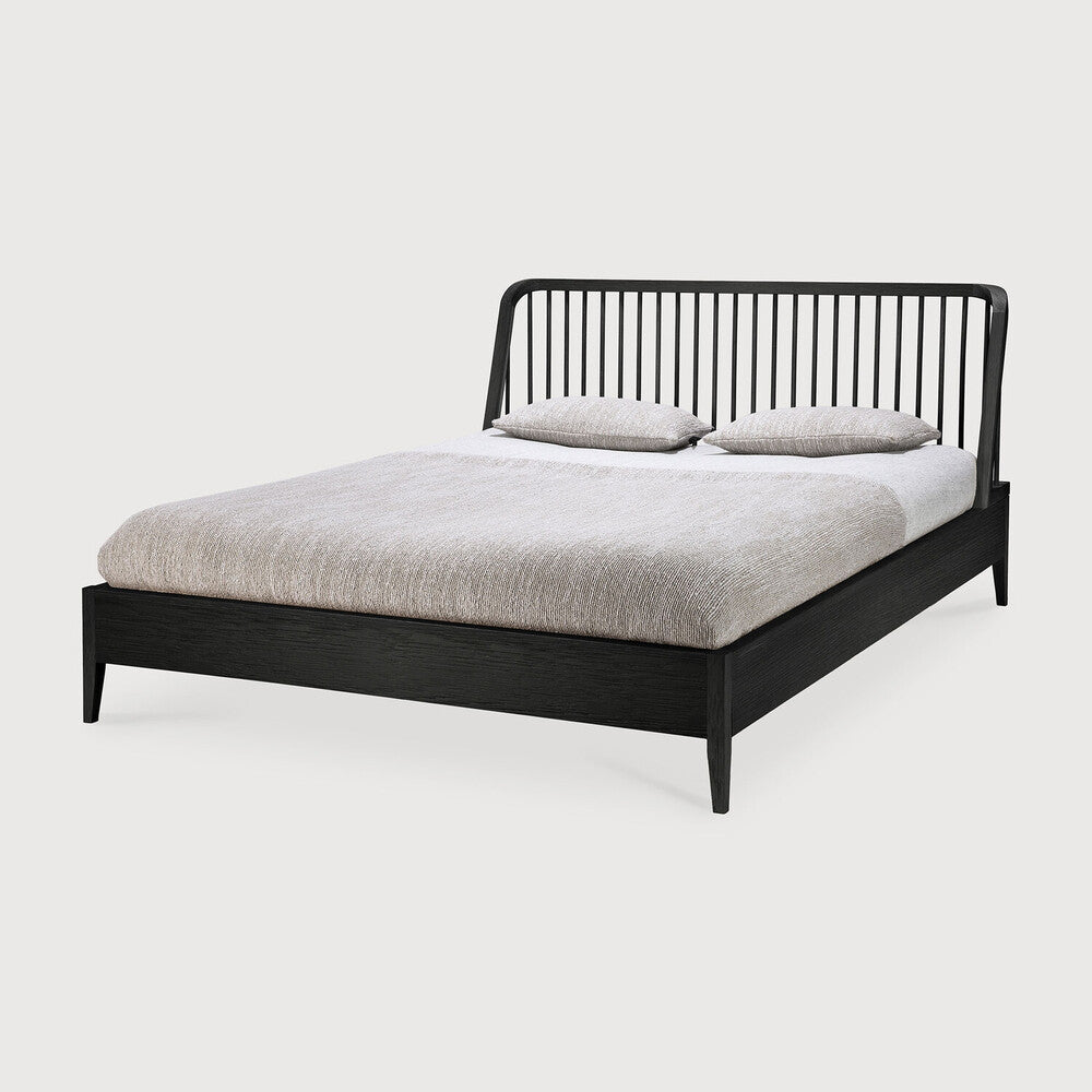 Featuring Spindle Oak Black Bed by Ethnicraft at Amethyst Home. The Spindle collection found its inspiration in the traditional spinning wheel and incorporates perfectly aligned spokes into the headboard. Slightly tapered legs and rounded edges add a soft, sensual quality to this beautiful bedroom collection.Overall Dimensions: 84" W x 80" L x 38.5" H Weight : 170 lbs84" W x . Amethyst Home provides interior design, new construction, custom furniture, and area rugs in the Salt Lake City metro area