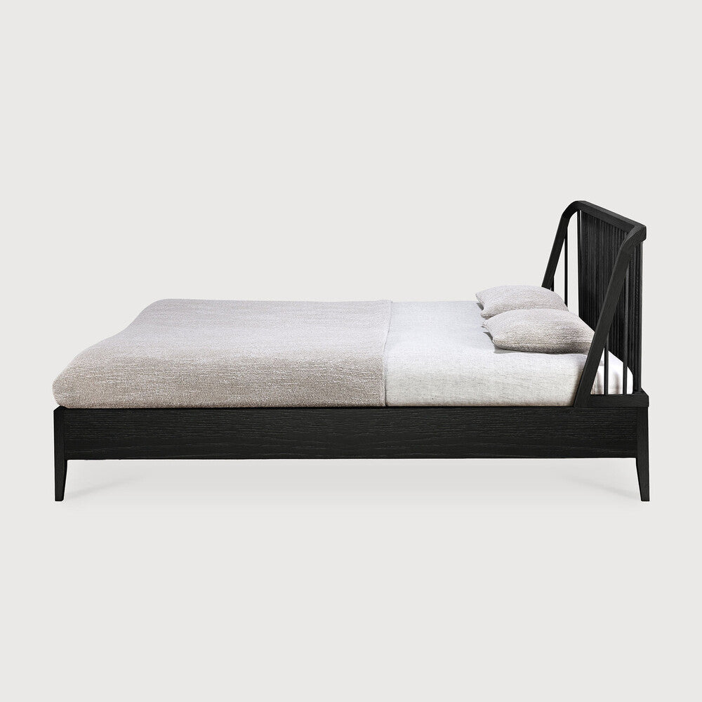 Featuring Spindle Oak Black Bed by Ethnicraft at Amethyst Home. The Spindle collection found its inspiration in the traditional spinning wheel and incorporates perfectly aligned spokes into the headboard. Slightly tapered legs and rounded edges add a soft, sensual quality to this beautiful bedroom collection.Overall Dimensions: 84" W x 80" L x 38.5" H Weight : 170 lbs84" W x 64.5. Amethyst Home provides interior design, new construction, custom furniture, and area rugs in the Washington metro area