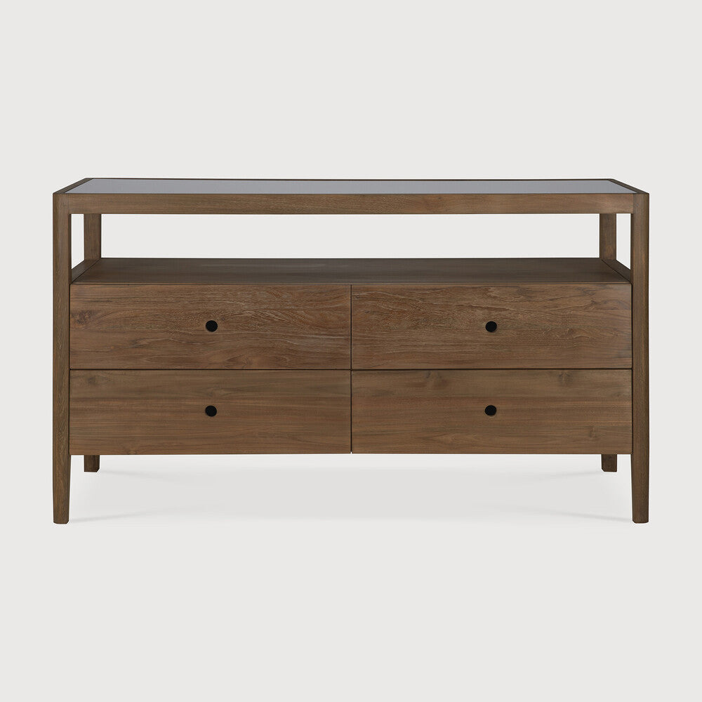 Featuring Spindle Reclaimed Teak Dresser by Ethnicraft at Amethyst Home. The Spindle collection found its inspiration in the traditional spinning wheel. Slightly tapered legs and rounded edges add a soft, sensual quality to this beautiful bedroom collection. This dresser is just as much at home in the bedroom as it is in commercial spaces as a stylish storage solution.Weight : 184. Amethyst Home provides interior design, new construction, custom furniture, and area rugs in the Charlotte metro area