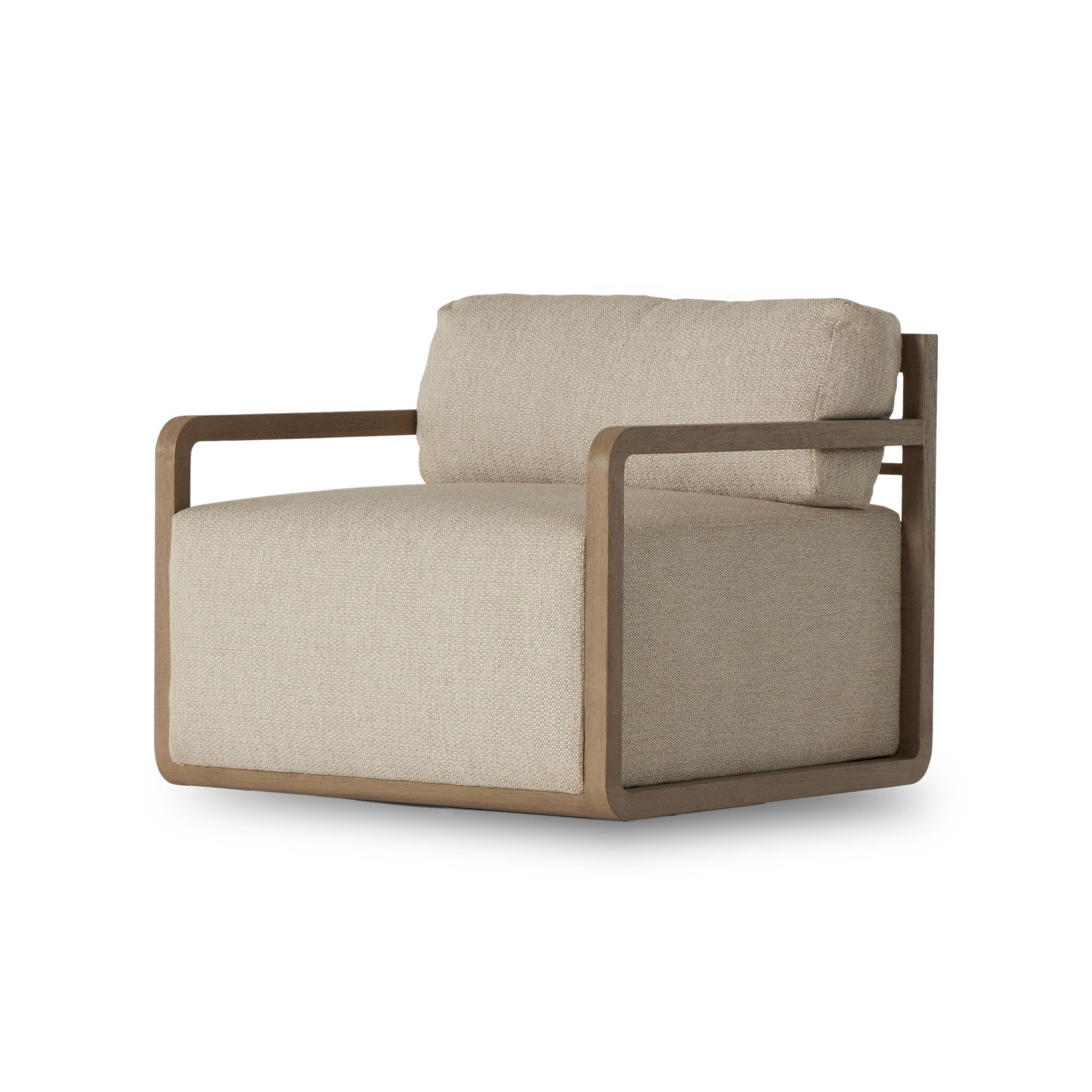 Featuring Stroud Faye Sand Outdoor Swivel Chair by Four Hands at Amethyst Home. A timeless look, complementary to any style. Simple, open FSC®-certified teak framing softens the edges of this outdoor swivel chair, paired with a fixed seat cushion and removable back. Finished with a 360 inset swivel beneath the plinth base. Cover or store indoors during inclement weather and when not. Amethyst Home provides interior design, new construction, custom furniture, and area rugs in the Houston metro area