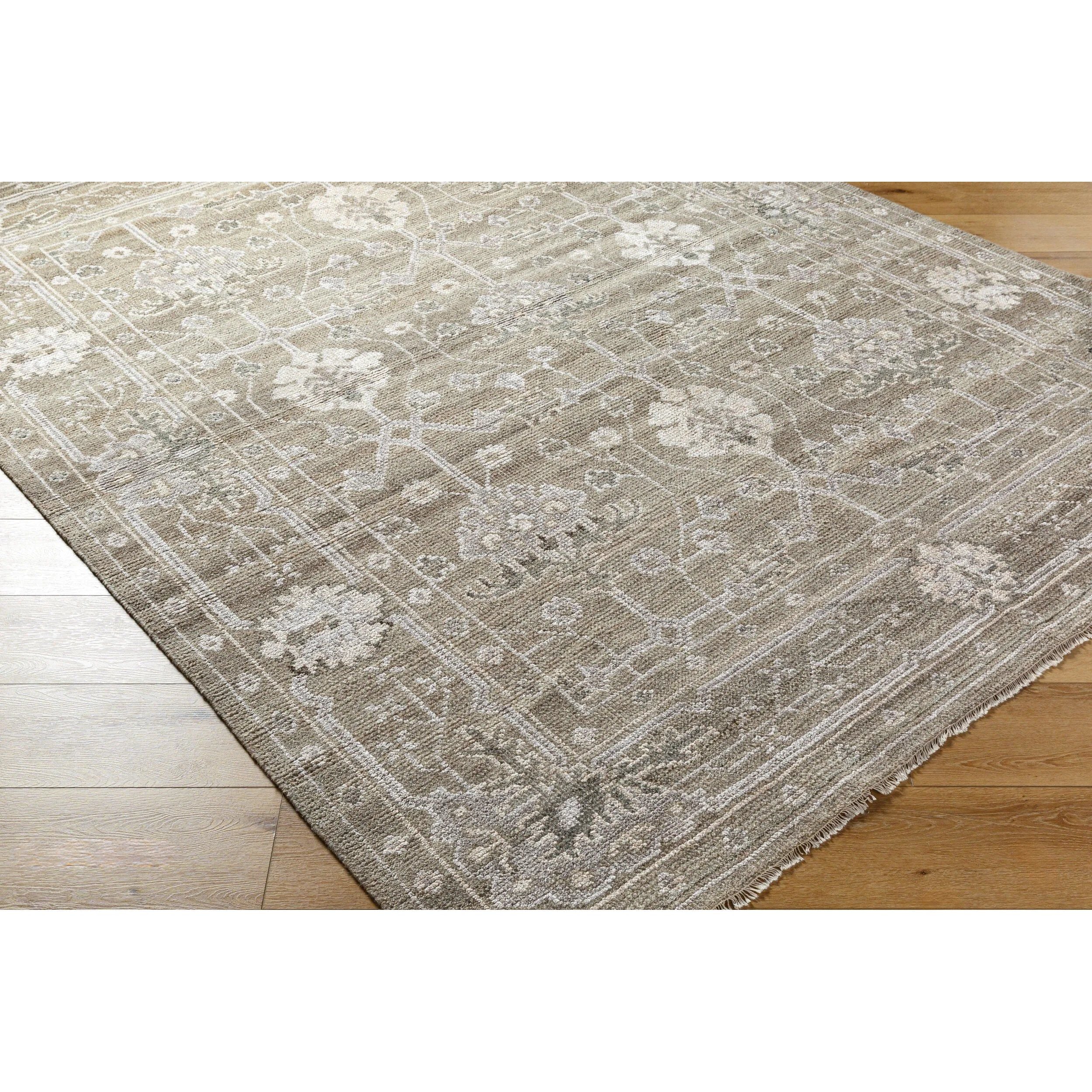 Featuring Almeria Hand-Knotted Rug by Surya at Amethyst Home. This luxurious Almeria hand-made rug is the perfect statement piece to add a touch of updated traditional style to your home. Its blend of wool and viscose gives it a soft feel and low pile, making it ideal for high traffic areas in your home. With its intricate hand-knotted construction and frin. Amethyst Home provides interior design, new home construction design consulting, vintage area rugs, and lighting in the Park City metro area.