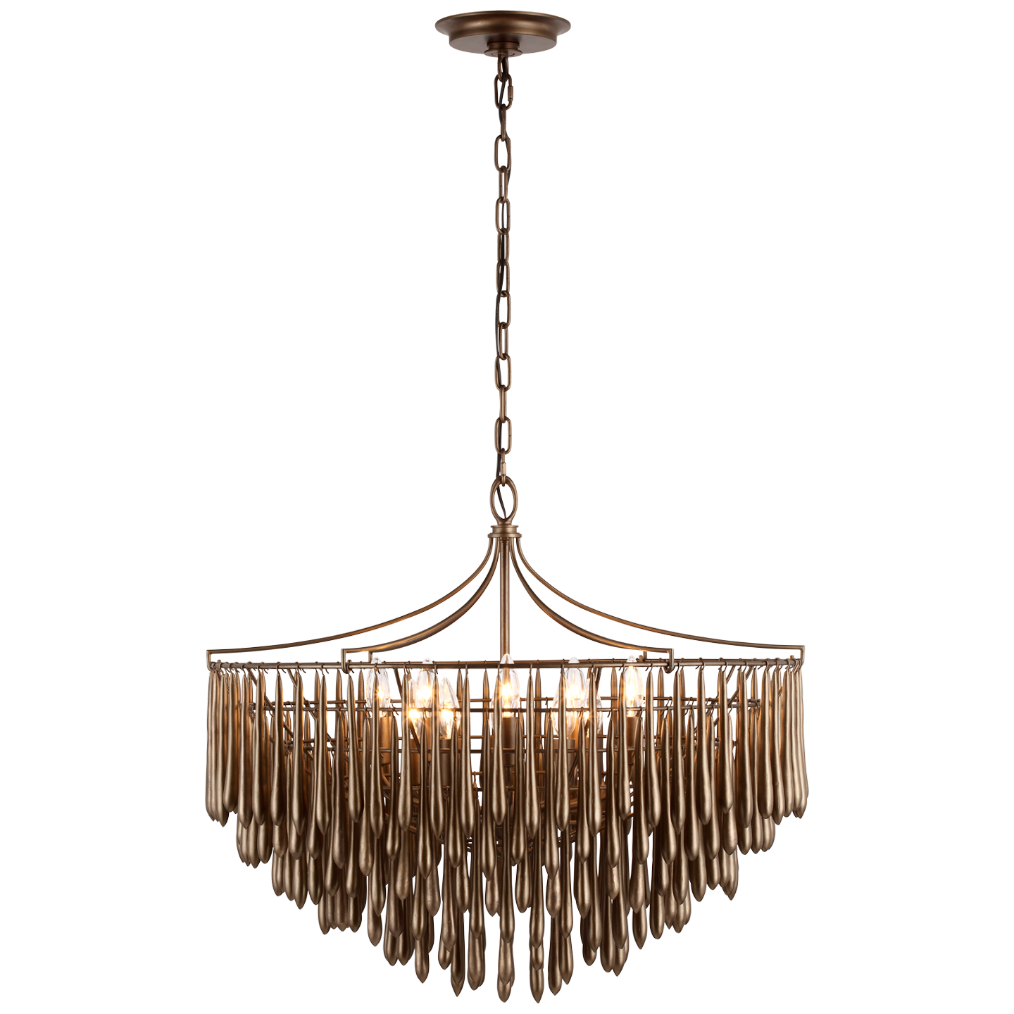 Featuring Vacarro Medium Chandelier Antique Bronze Leaf by Visual Comfort at Amethyst Home. The Vacarro by Julie Neill transforms classic basket chandeliers into a new and unique design statement. Hanging from the basket frame are sculptural, elongated plaster teardrops that create an unexpected texture while light emanates from within the basket. Available in all white or with a met. Amethyst Home provides interior design, new construction, custom furniture, and area rugs in the Austin metro area