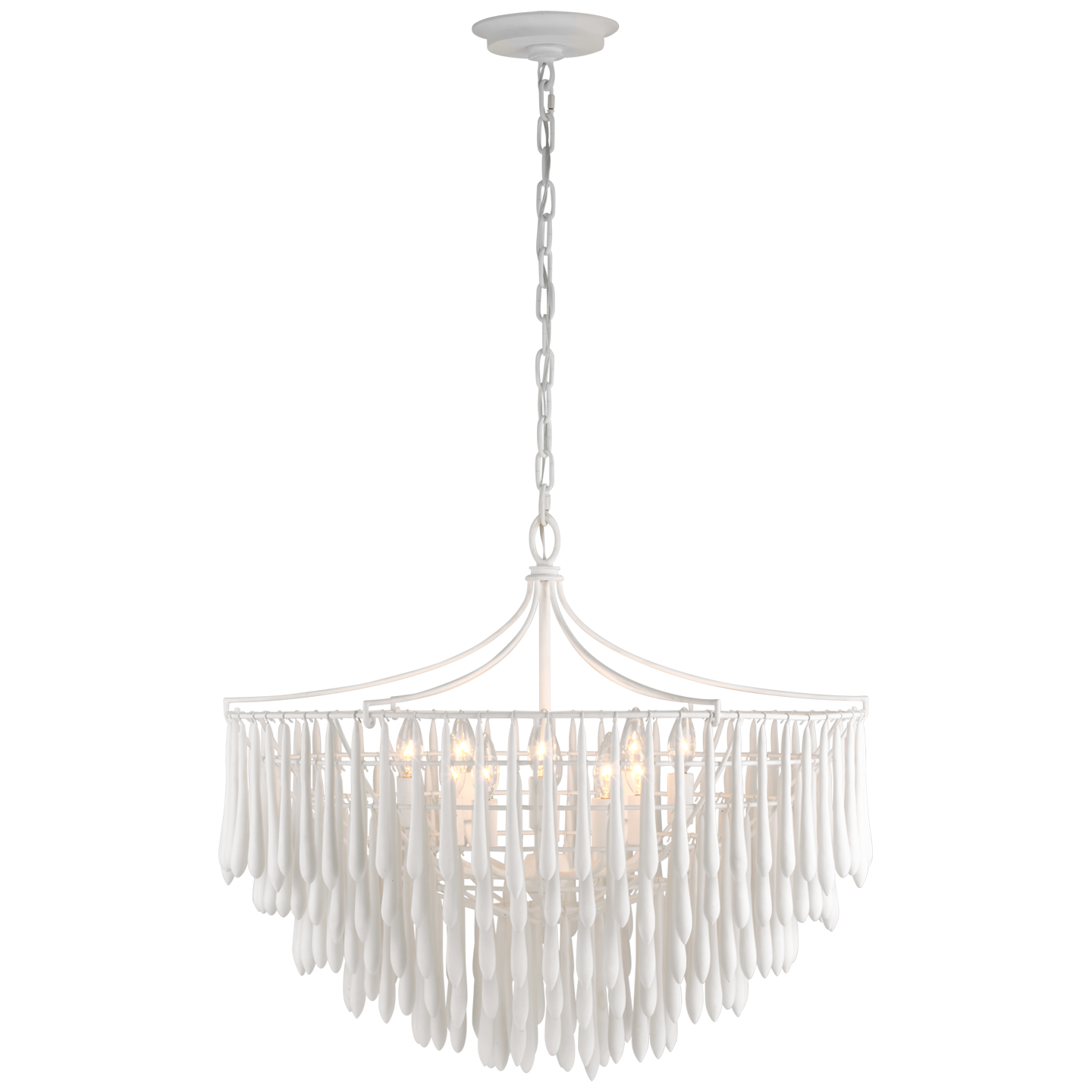 Featuring Vacarro Medium Chandelier Plaster White by Visual Comfort at Amethyst Home. The Vacarro by Julie Neill transforms classic basket chandeliers into a new and unique design statement. Hanging from the basket frame are sculptural, elongated plaster teardrops that create an unexpected texture while light emanates from within the basket. Available in all white or with a metall. Amethyst Home provides interior design, new construction, custom furniture, and area rugs in the Charlotte metro area