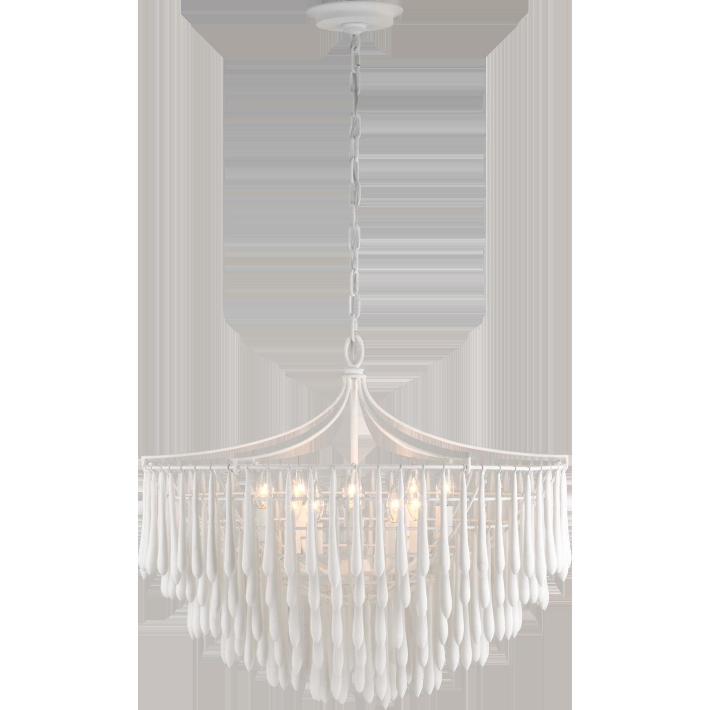 Featuring Vacarro Medium Chandelier Plaster White by Visual Comfort at Amethyst Home. The Vacarro by Julie Neill transforms classic basket chandeliers into a new and unique design statement. Hanging from the basket frame are sculptural, elongated plaster teardrops that create an unexpected texture while light emanates from within the basket. Available in all white or with a m. Amethyst Home provides interior design, new construction, custom furniture, and area rugs in the Salt Lake City metro area