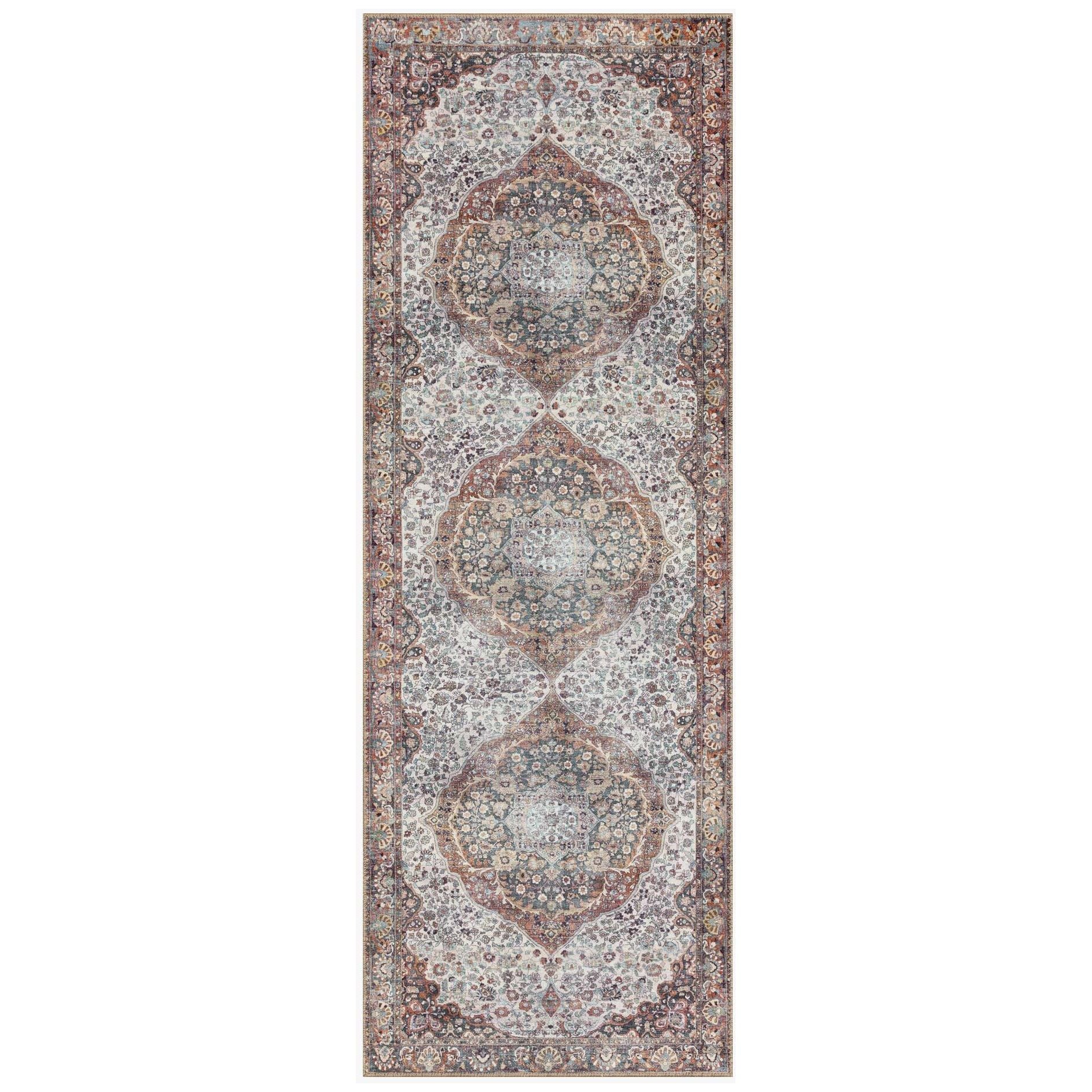 The Wynter Red / Multi area rug showcases a one-of-a-kind vintage or antique area rug look power-loomed of 100% polyester. This rug brings in tones of red, ivory, black, orange, and hints of blue. The rug is ideal for high traffic areas such as living rooms, dining rooms, kitchens, hallway, and entryways.