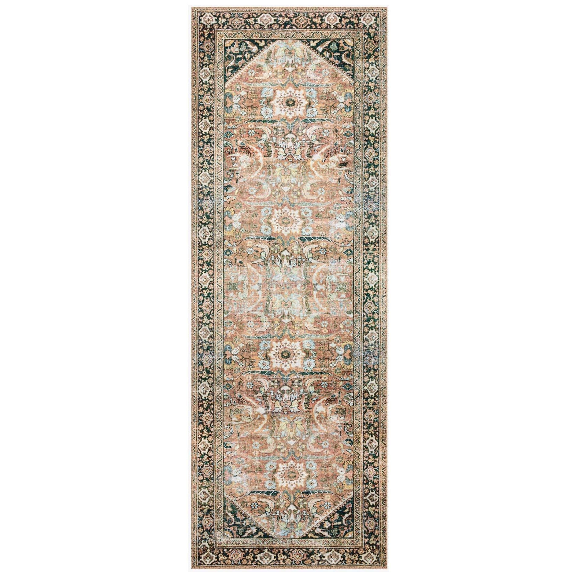 The Wynter Auburn / Multi area rug showcases a one-of-a-kind vintage or antique area rug look power-loomed of 100% polyester. This rug brings in tones of orange, brown, black, and hints of blue. The rug is ideal for high traffic areas such as living rooms, dining rooms, kitchens, hallways, and entryways.