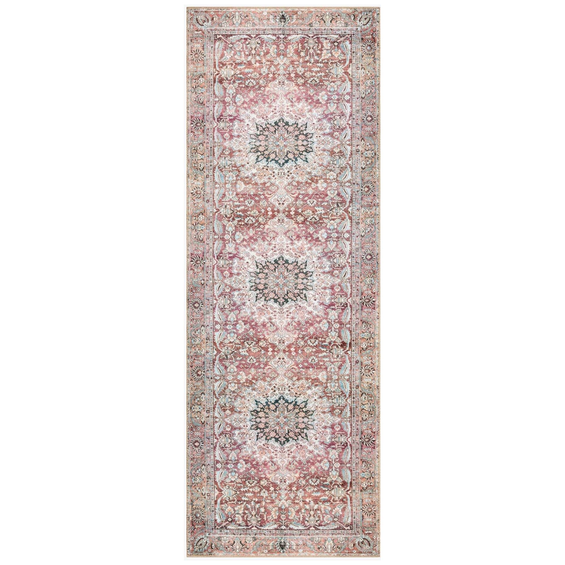 The Wynter Tomato / Teal area rug showcases a one-of-a-kind vintage or antique area rug look power-loomed of 100% polyester. This rug brings in tones of red, orange, blue, and ivory. The rug is ideal for high traffic areas due to the rug's durability for living rooms, dining rooms, kitchens, hallways, and entryways.