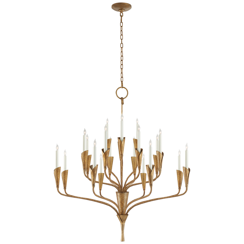 Featuring Aiden Large Chandelier by Visual Comfort at Amethyst Home. Effortlessly combining mid-century and medieval elements, Chapman & Myers' Aiden showcases hammered steel, manipulated with traditional hand-applied techniques to enhance its unexpected textures. The sculptural silhouettes boast details inspired by calla lilies that lend an organic touch t.  Amethyst Home provides interior design, new home construction design consulting, vintage area rugs, and lighting in the Monterey metro area.