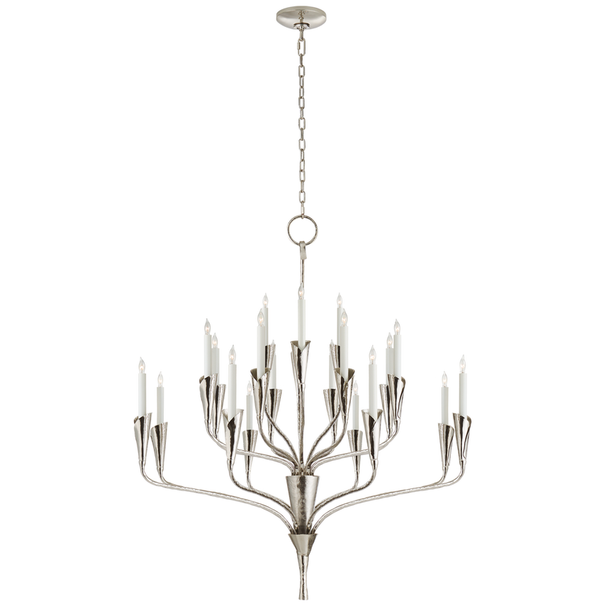 Featuring Aiden Large Chandelier by Visual Comfort at Amethyst Home. Effortlessly combining mid-century and medieval elements, Chapman & Myers' Aiden showcases hammered steel, manipulated with traditional hand-applied techniques to enhance its unexpected textures. The sculptural silhouettes boast details inspired by calla lilies that lend an organic touch .  Amethyst Home provides interior design, new home construction design consulting, vintage area rugs, and lighting in the San Diego metro area.