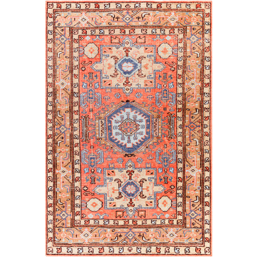 Experience the luxurious vintage vibes of the Kars Rug! With a rich warm color pallet featuring coral undertones, contrasting pale blue and tan details, and classic Moroccan inspired patterns, this timeless statement piece adds a unique touch to any room. Amethyst Home provides interior design, new construction, custom furniture, and area rugs in the Nashivlle metro area. KSA-2305