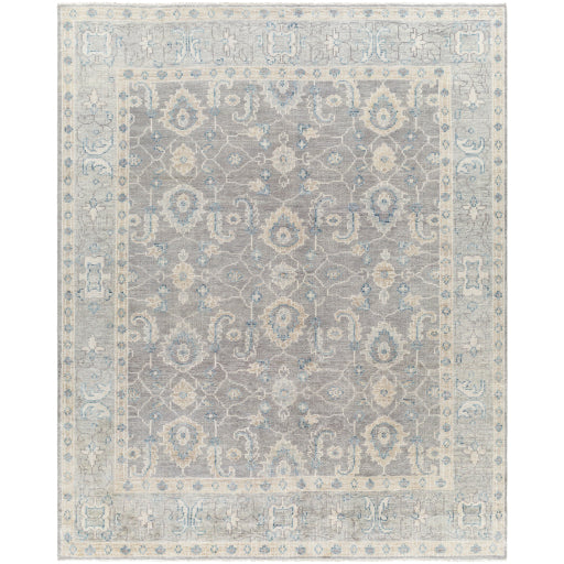 Give your space an air of sophistication with our Palais Hand-Knotted Rug. Crafted with 100% wool in hues of charcoal, ivory, seafoam, and taupe, the rug features a soft texture and is contrasted with a deep center and bright border for an artful look. Perfect for adding depth and character to any room. Amethyst Home provides interior design, new construction, custom furniture, and area rugs in the Calabasas metro area