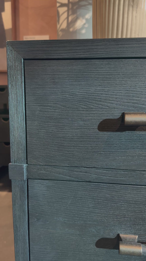 Beautifully minimalist. A six-drawer dresser made from black-finished ash  features long, linear bronzed hardware for a smooth, clean look.Overall Dimensions: 72.00"w x 21.50"d x 32.25"hWeight : 306.44 lbsMaterials: Ash Veneer, Solid Ash Amethyst Home provides interior design, new home construction design consulting, vintage area rugs, and lighting in the Monterey metro area.