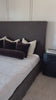 Grand high back and matte linen beauty -- the Daphne bed is a dream! Amethyst Home provides interior design, new home construction design consulting, vintage area rugs, and lighting in the Park City metro area.