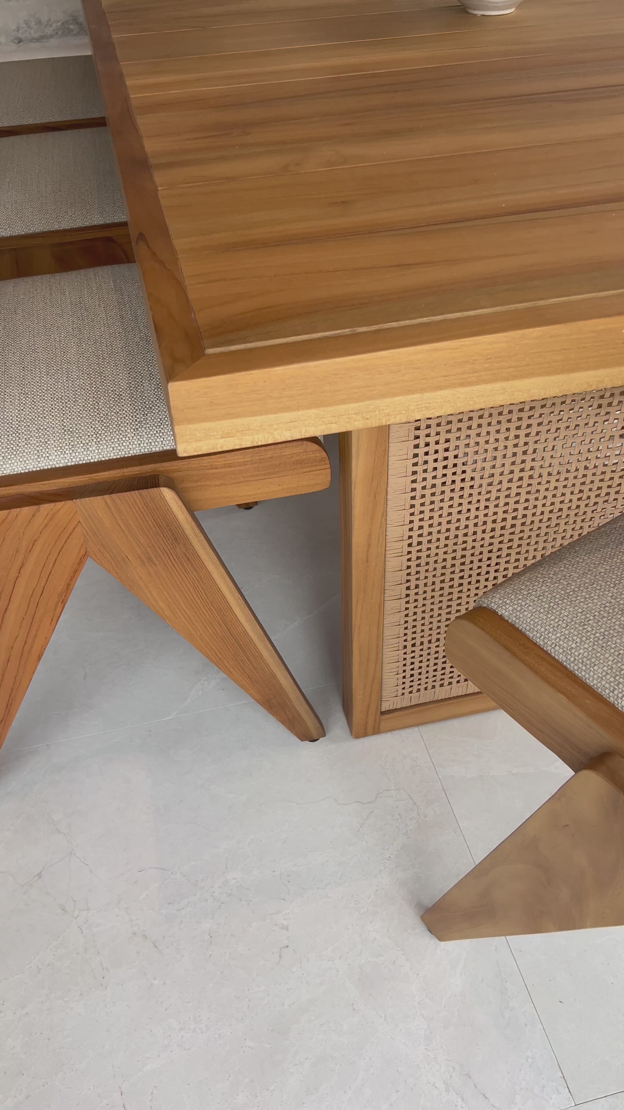 Load video: The cane trend moves outdoors. FSC®-certified teak frame is detailed with a rattan-inspired woven panel on the sides for a breezy, crafted minimalism take on the outdoor dining table. Cover or store indoors during inclement weather and when not in use. Our Weatherproof Outdoor Dining Table Cover in size large fits this chair.Overall Dimensions: 90.25&quot;w x 42. Amethyst Home provides interior design, new home construction design consulting, vintage area rugs, and lighting in the Winter Garden metro area.