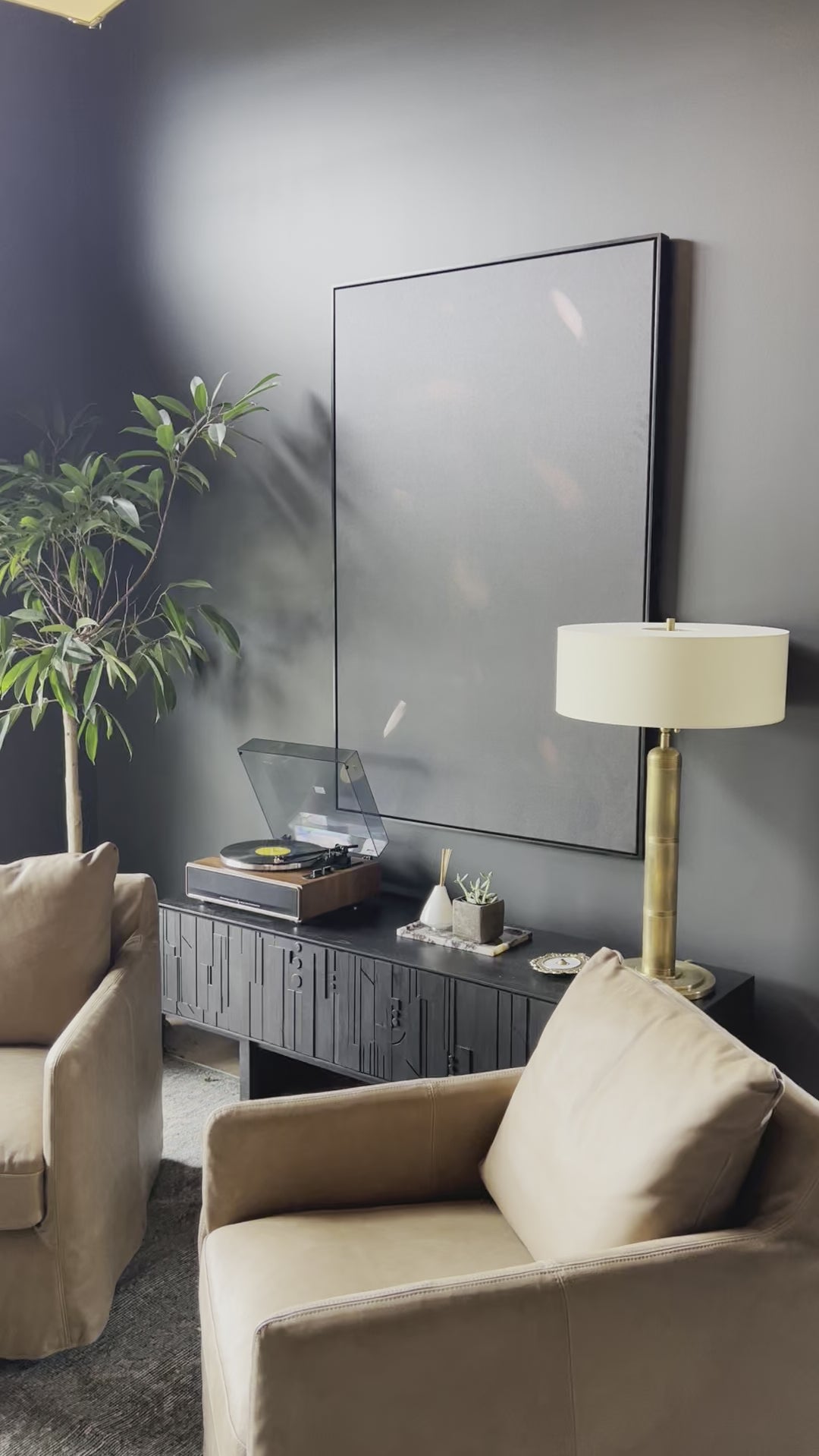 Raised between Ethiopia, Malawi, Togo and South Africa, the now-Austinite's rich upbringing can be sensed in her culture-rich works. A moody canvas is accented with warm swaths of paint. Framed within black maple for a gallery-quality look. Handmade in Austin, Texas. Amethyst Home provides interior design, new home construction design consulting, vintage area rugs, and lighting in the Nashville metro area.