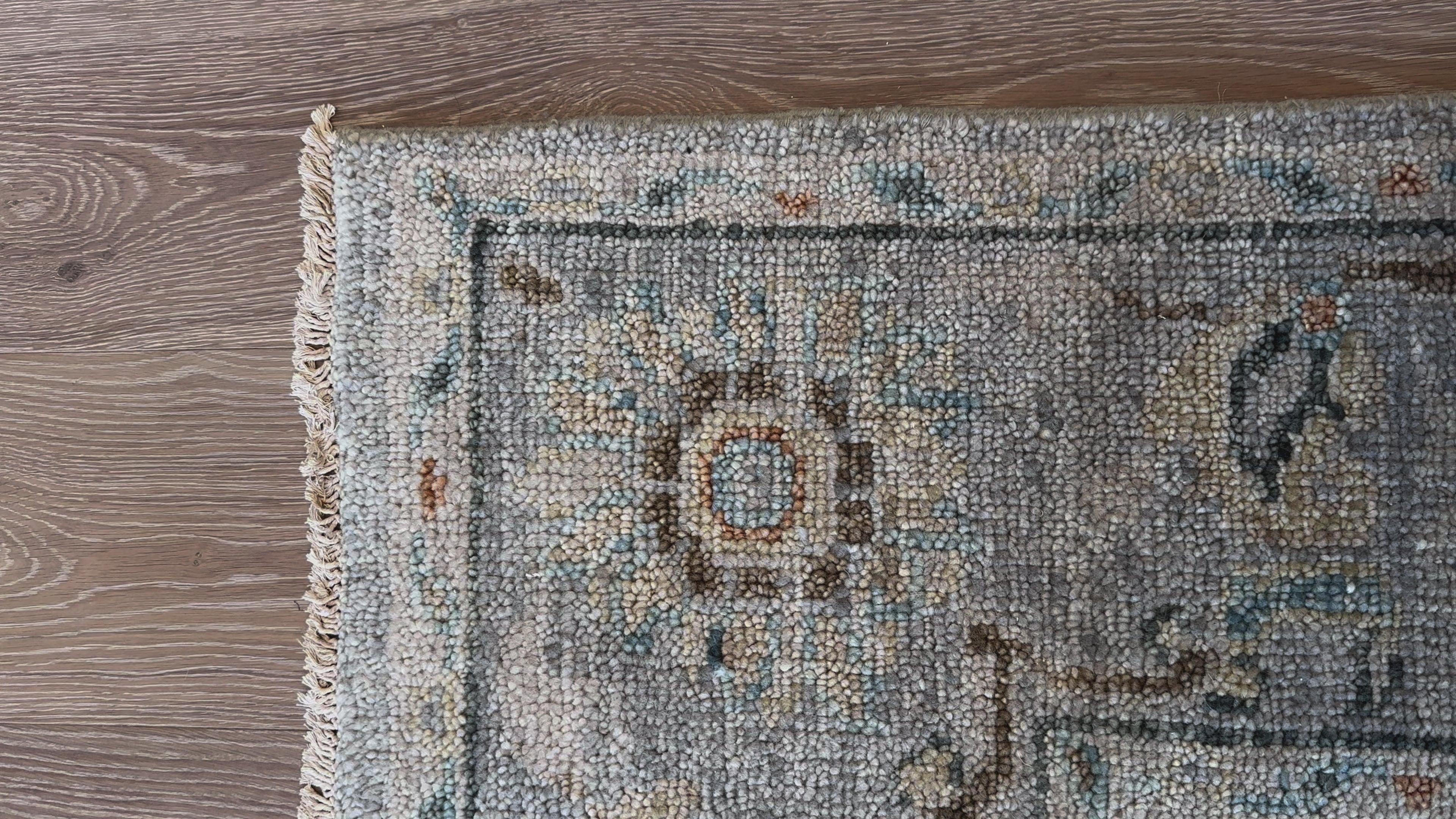 Load video: Helena Light Grey / Multi Hand-Knotted Rug