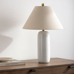 Featuring Vespa Table Lamp by Surya at Amethyst Home. A pretty matte white base with a creamy linen shade -- the Vespa lamp is sweet and subtle.  And the top little brass knob is precious!
Overall Dimensions: 26"H x 18"W x 18"D
Switch Type: On/OffNumber of bulbs: 1E-26/60 WUL CUL Certified.  Amethyst Home provides interior design, new home construction design consulting, vintage area rugs, and lighting in the Miami metro area.
