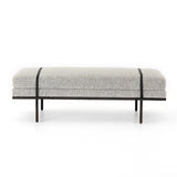 Make a chic statement with the Harris Knoll Domino Accent Bench. Decorative straps of black top-grain leather take chaise-style bench seating to the next level. Airy, elongated legs lend a look of lightness for balance.  Available late September 2020!  Overall Dimensions: 60"w x 26"d x 19.25"h Materials: Solid Parawood