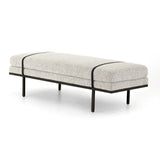 Make a chic statement with the Harris Knoll Domino Accent Bench. Decorative straps of black top-grain leather take chaise-style bench seating to the next level. Airy, elongated legs lend a look of lightness for balance.  Available late September 2020!  Overall Dimensions: 60"w x 26"d x 19.25"h Materials: Solid Parawood